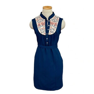 Theme Dress Womens Medium Blue Embroidered Sleeveless Sheath Retro Mod